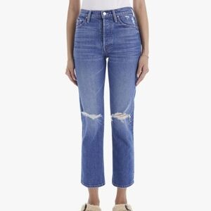 MOTHER Blue Distressed Straight-Leg Jeans